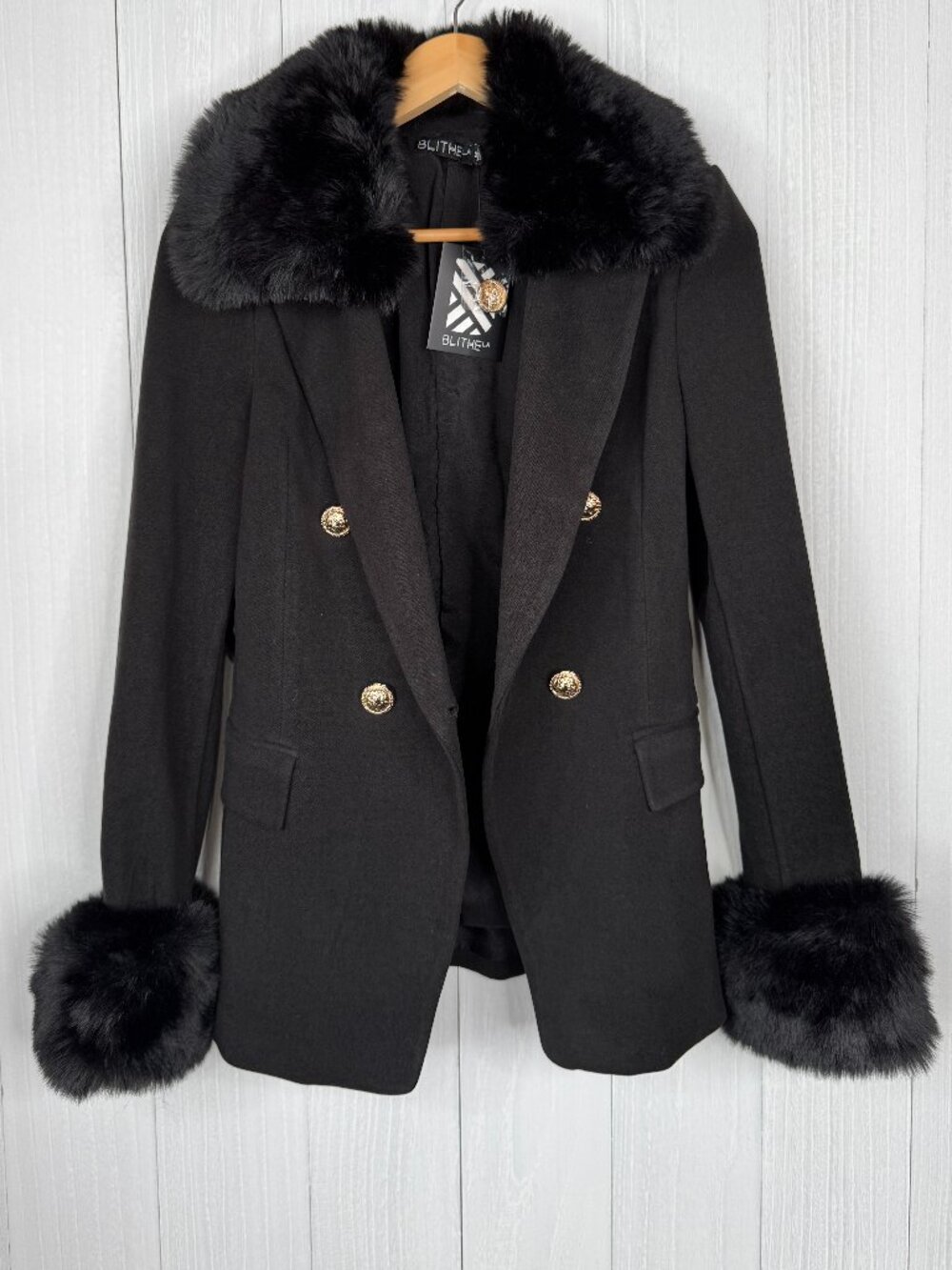 Blithe LA Black Faux Fur Trim Blazer Coat Size M Gold Button Double Breasted NWT